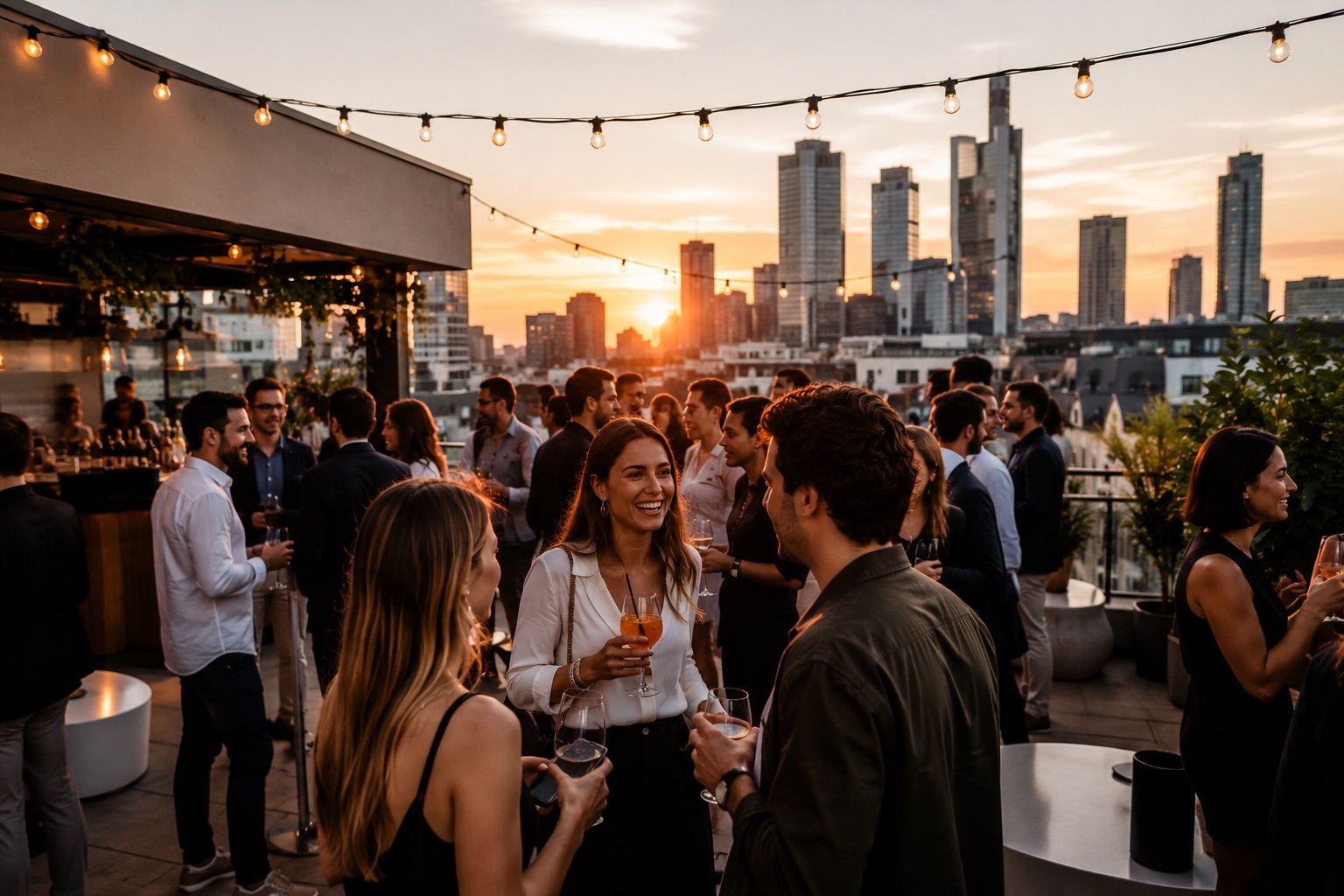 Équipe réunie sur un rooftop parisien, en fin d’après-midi