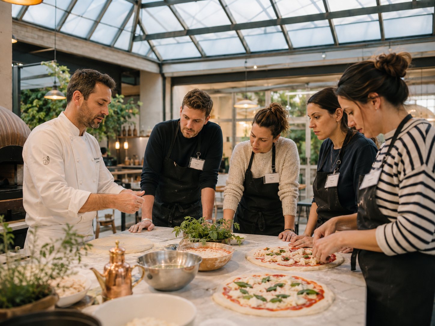 Atelier culinaire animé par un chef, autour d’un grand plan de travail